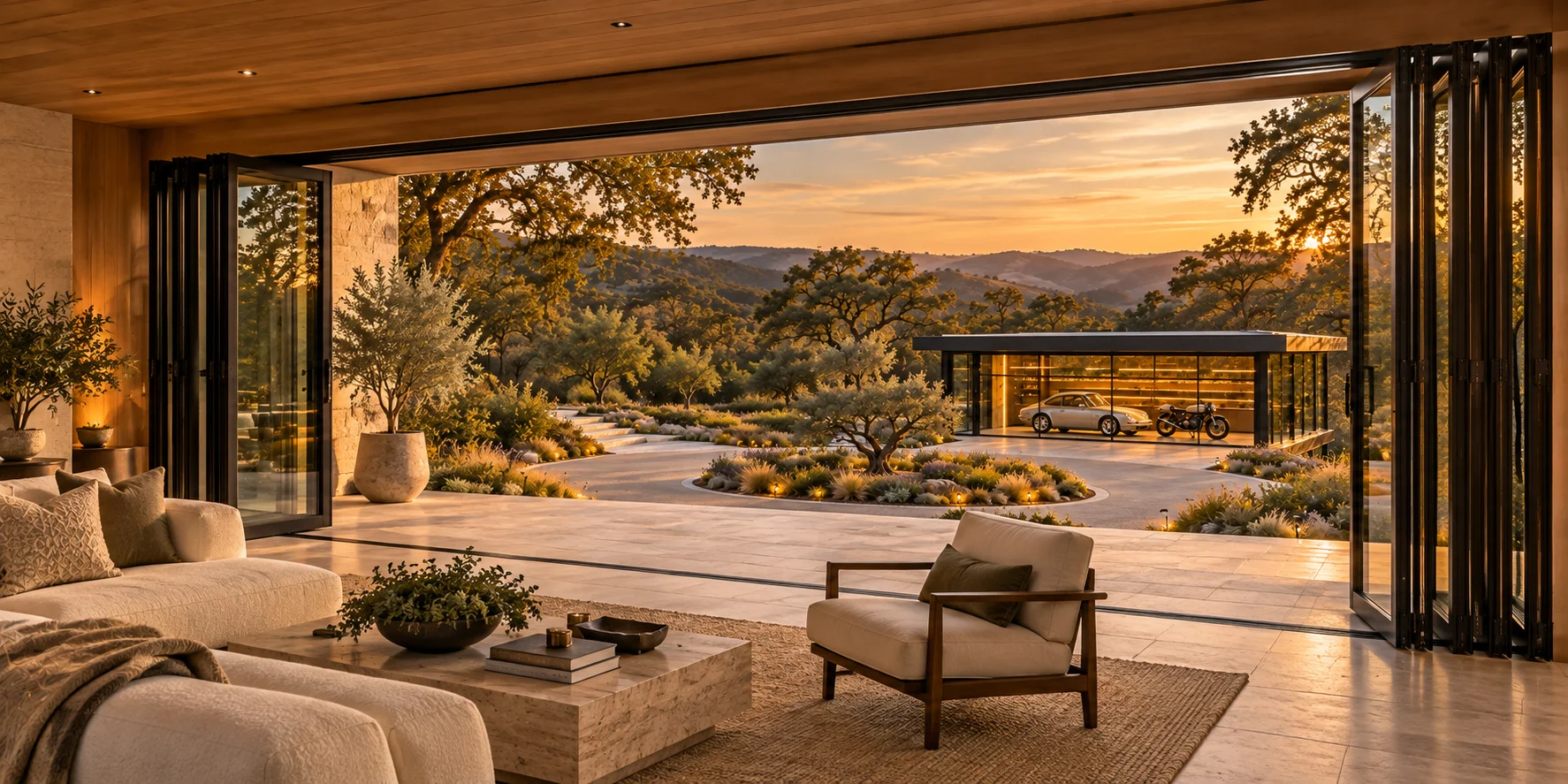 View from a warm Northern California living room through open folding glass doors toward a circular drive and detached glass garage with a silver sports car and motorcycle inside